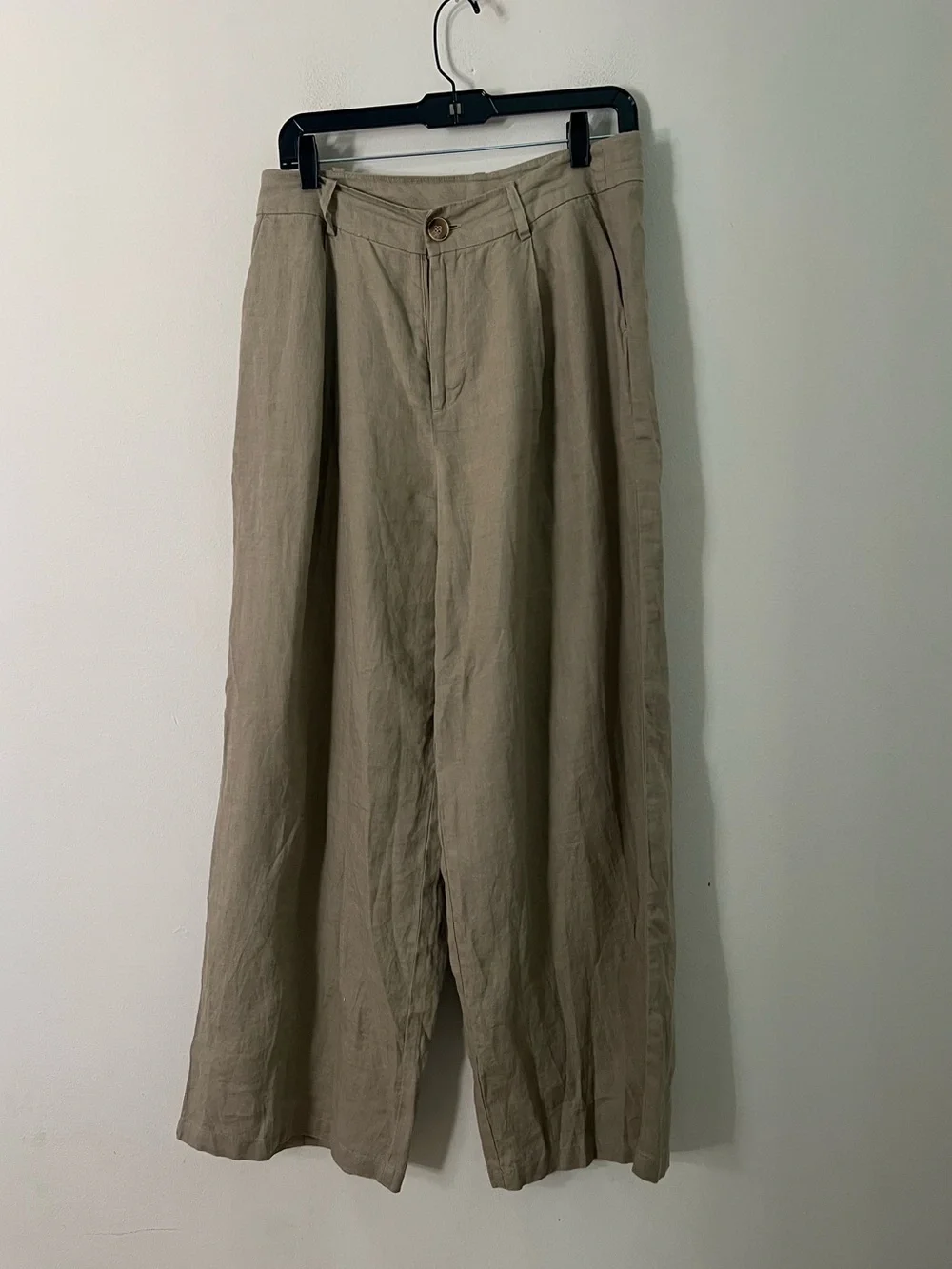Zara Wide-Leg Khaki Linen-Blend Pants